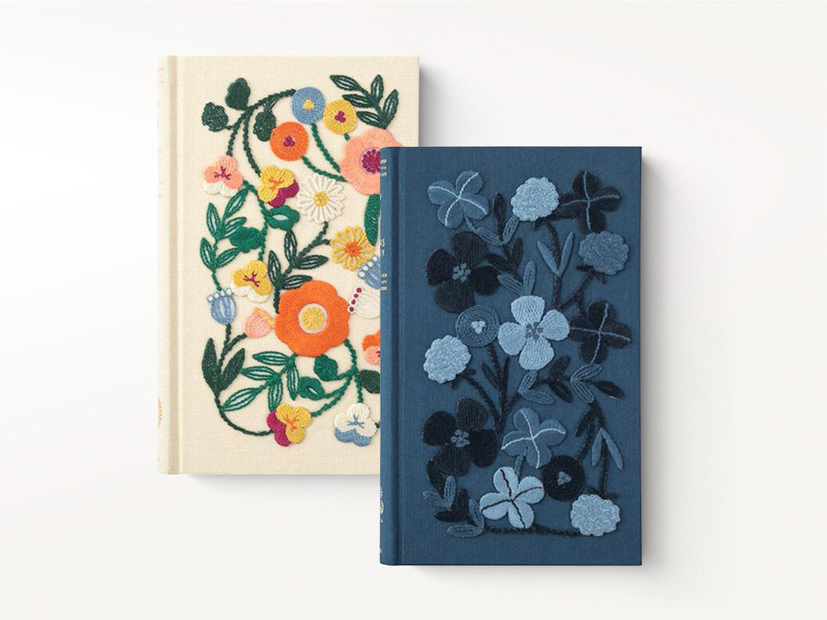 MIDORI 5 Years buying Journal Embroidery Flower Beige or Navy made in Japan,Blue