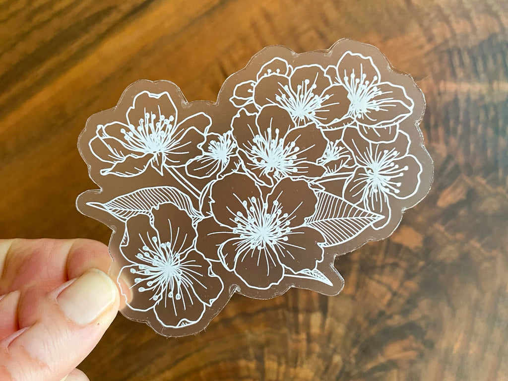 Cherry Blossoms White on Clear Vinyl Sticker