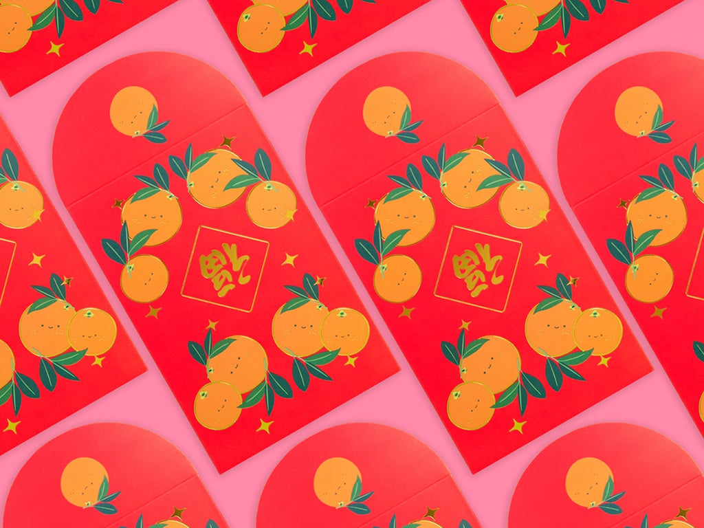 Happy Oranges Gold Foiled Red Envelopes, Hongbao 紅包