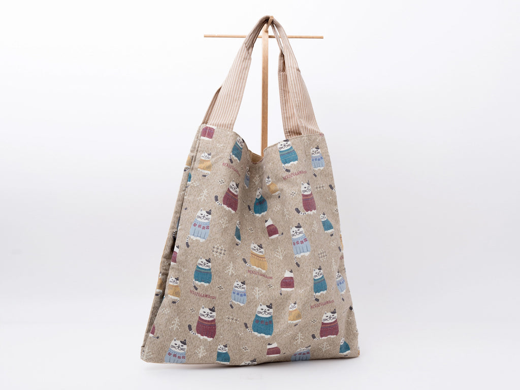 Kusuguru Japan Cat Embroidered Large Tote Bag - Beige